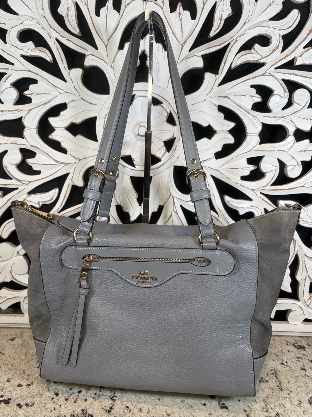 Coach C5689 Cleo Gray Pebbled Leather and Suede Shoulder Tote with Gold Hardware